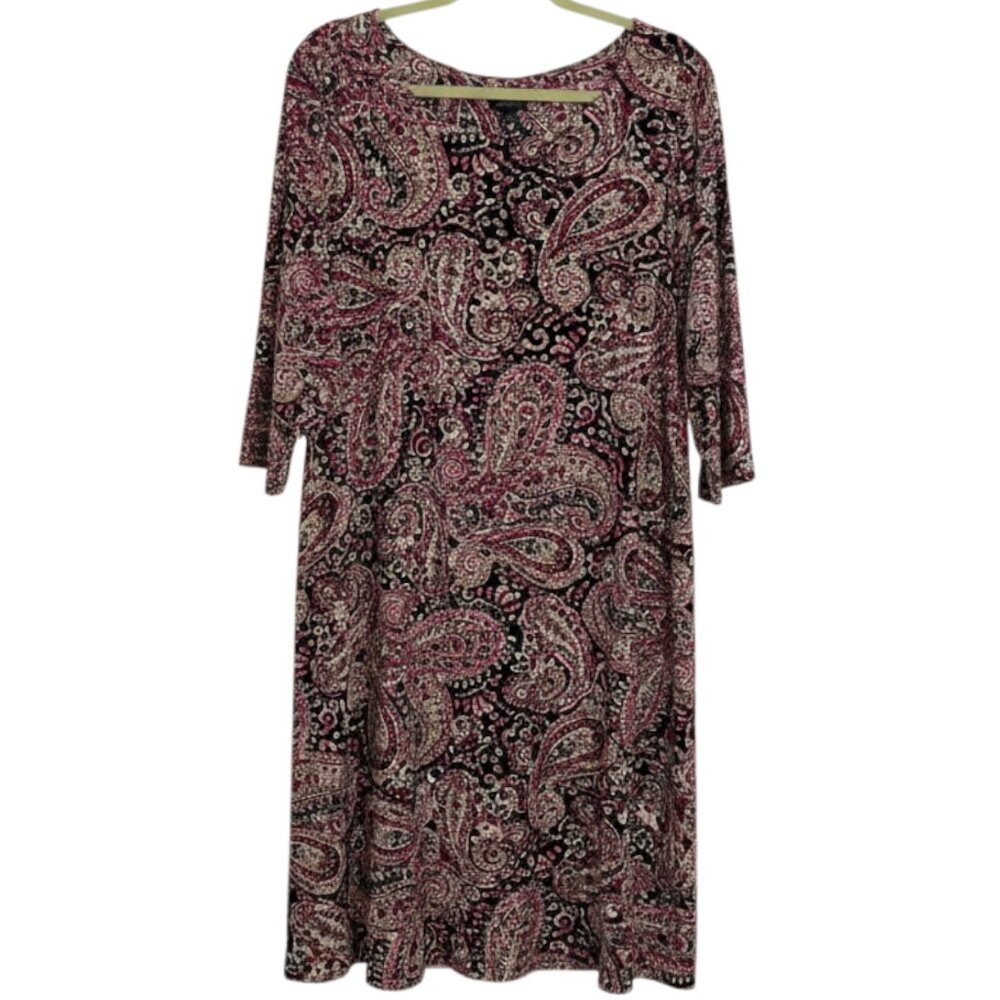 J Jill Wearever Collection Knit Dress Paisley Black Cream Purple 2X NWOT
